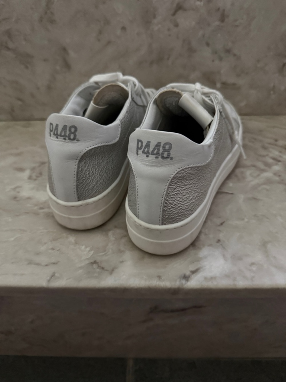 Women’s P448 Thea White and Light Gray Leather Low-Top Sneakers